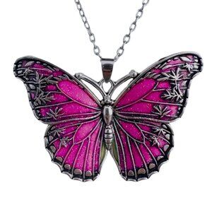 Necklace Pink Butterfly Oil Drop Enamel Pink Sparkle Antique Silvery Finish